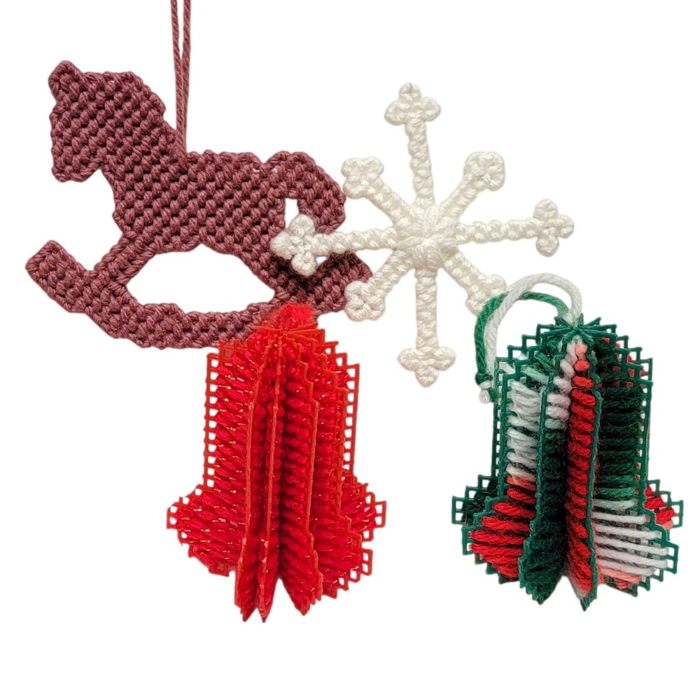 VTG 80s Plastic Canvas Christmas Ornaments Lot of 4 Rocking Horse Snowflake Bell